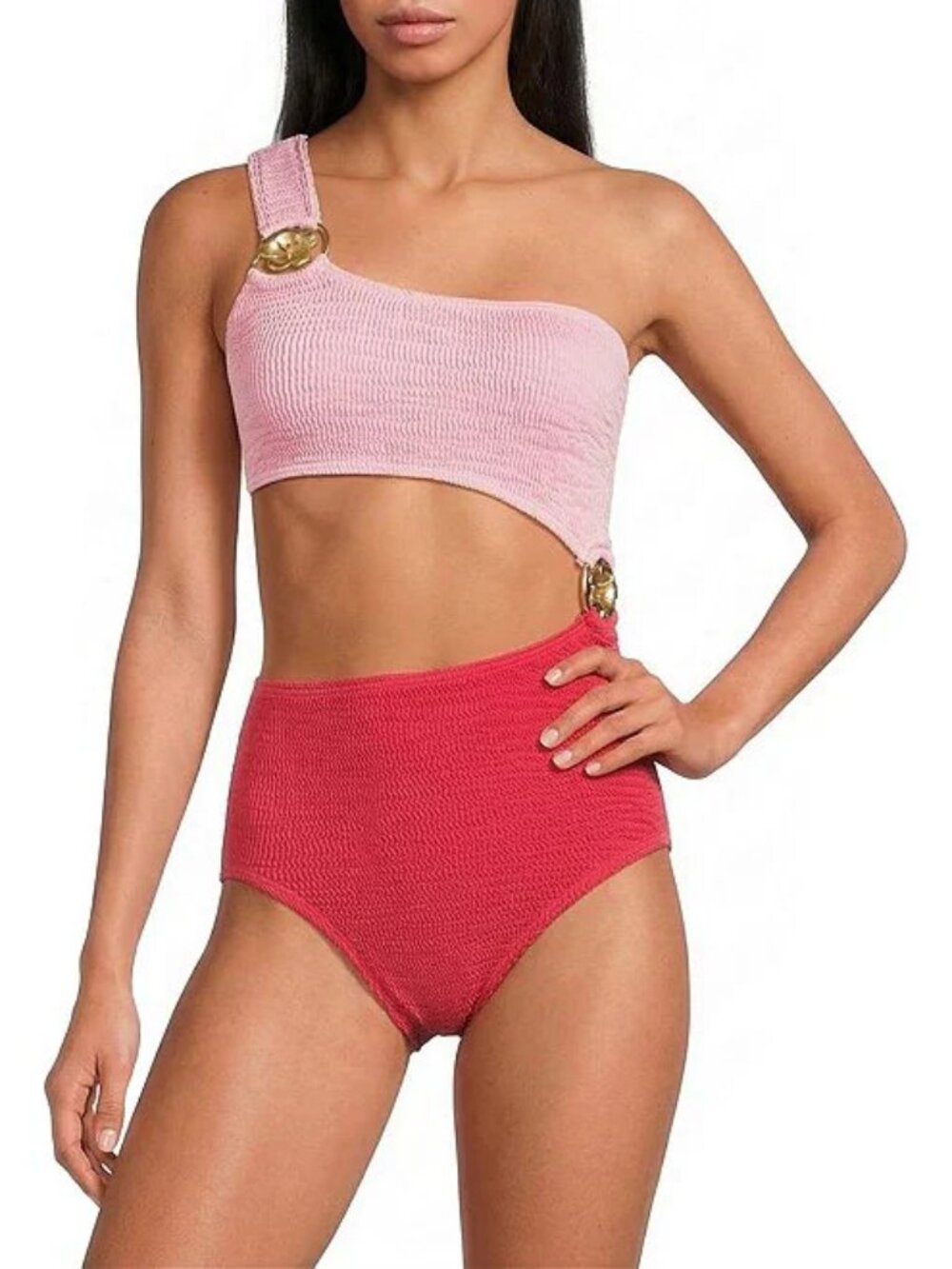 Cleonie Crinkle Beach Hibiscus Maillot One Shoulder Cut-Out One Piece Swimsuit